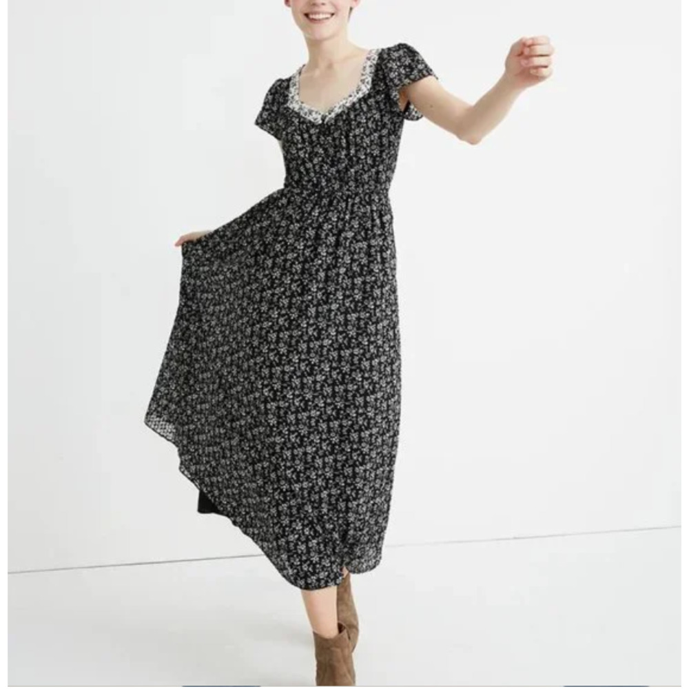 Madewell Print-Mix Sheer-Sleeve Dress in Branch Floral Black White Size 2